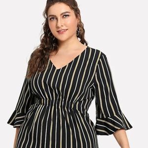 Plus Striped Flounce Sleeve Blouse